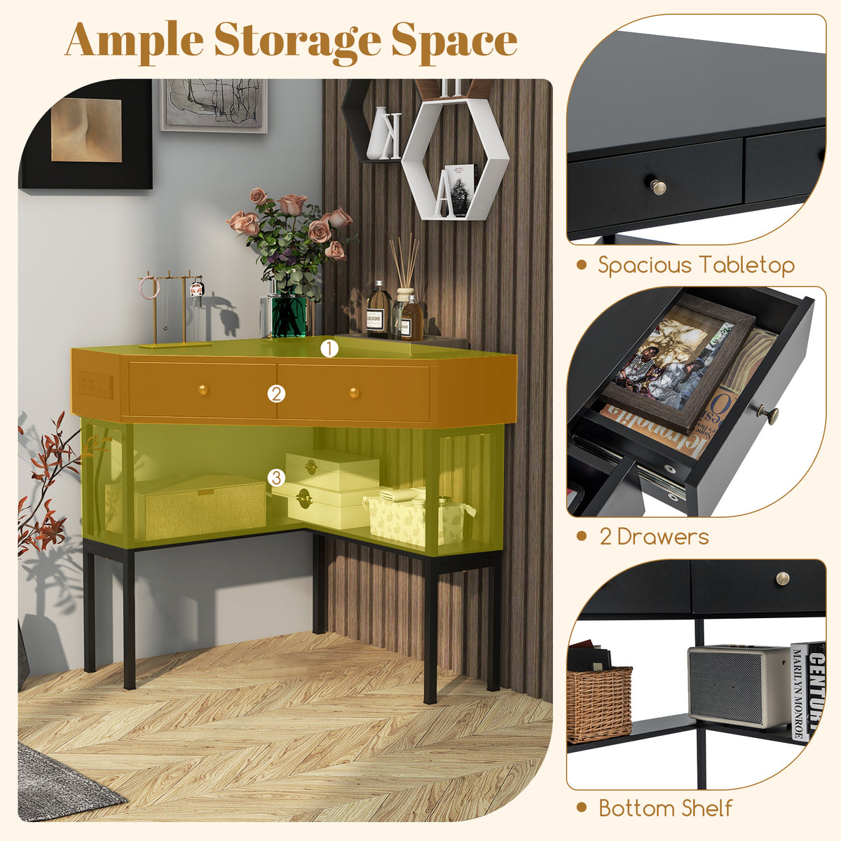 Triangle Corner Desk with Charging Station - Black