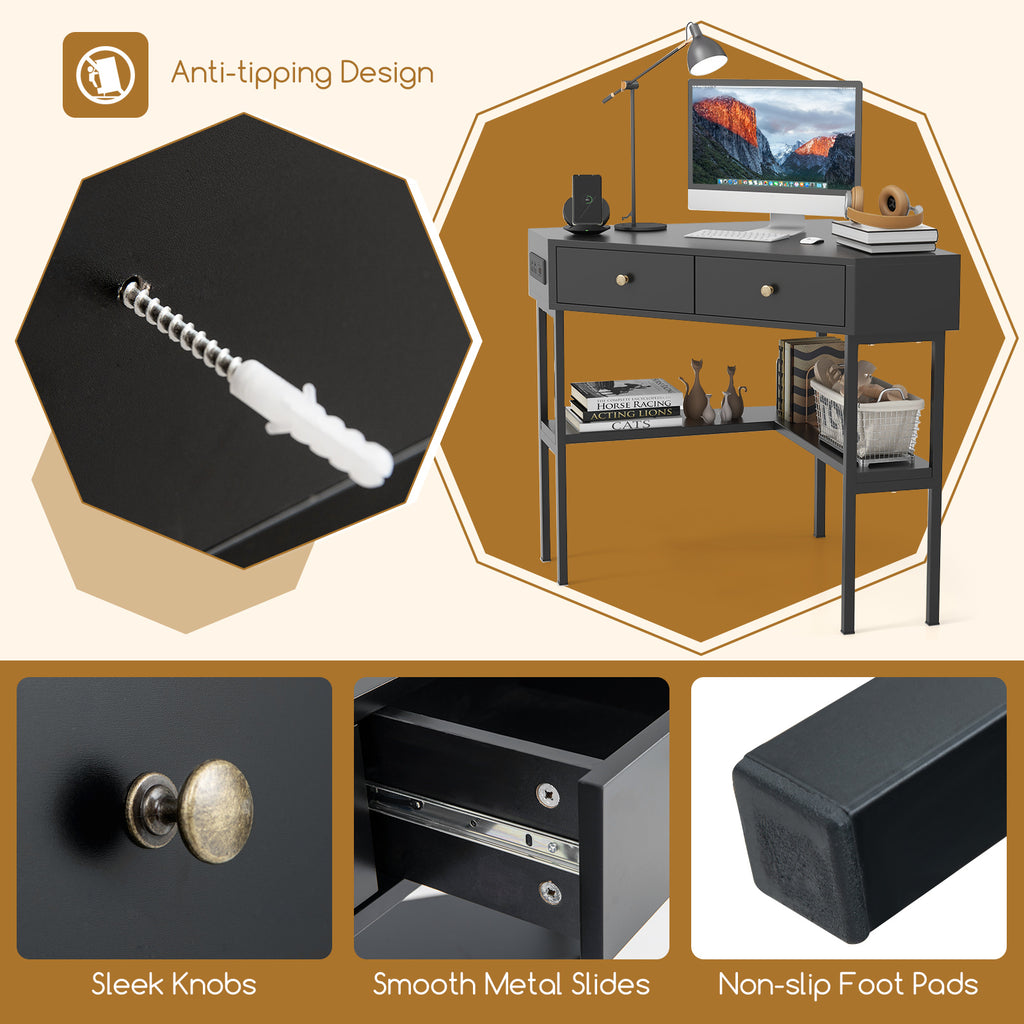 Triangle Corner Desk with Charging Station - Black