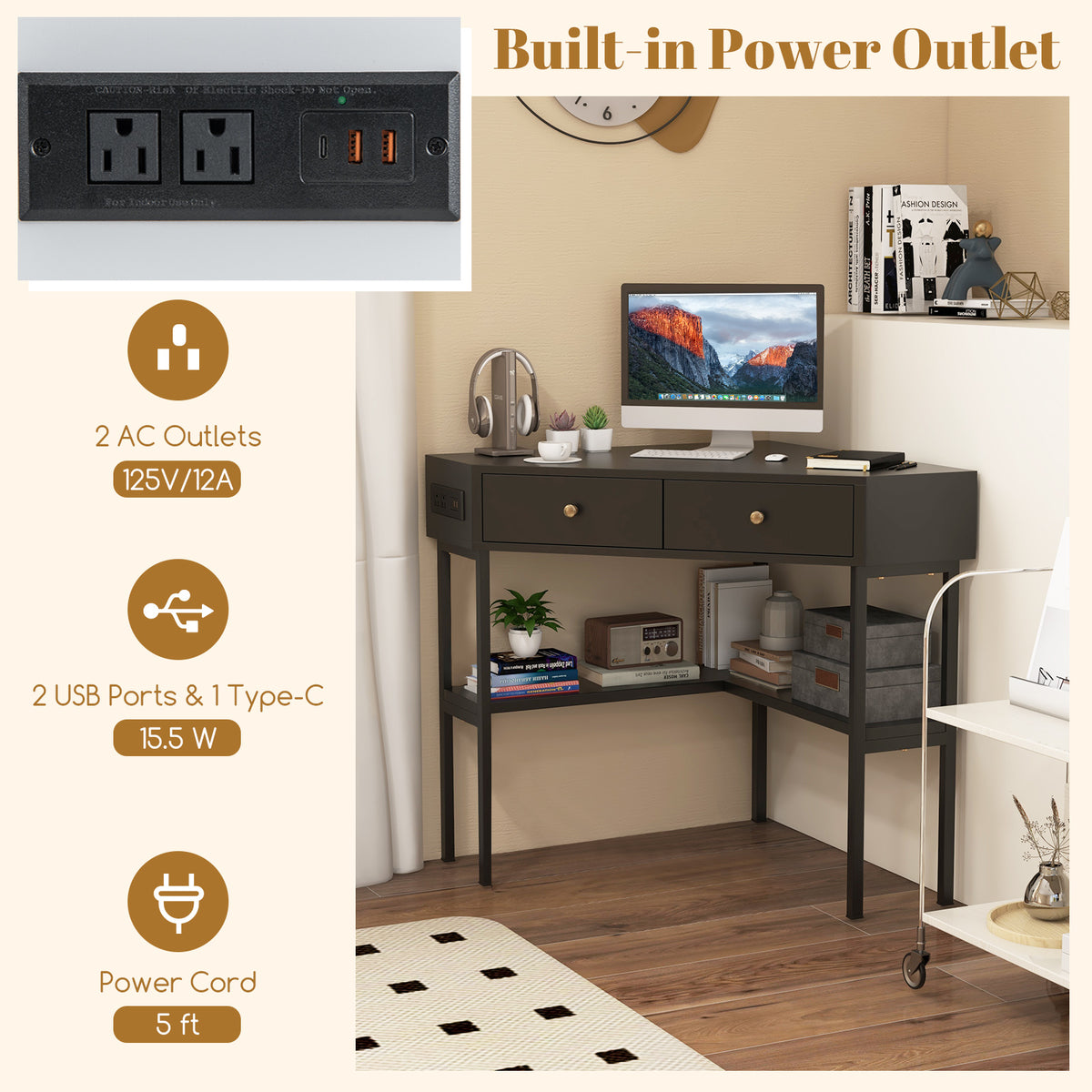 Triangle Corner Desk with Charging Station - Black