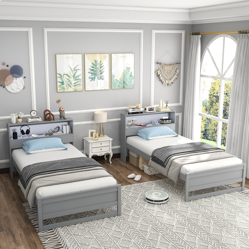 Gray Twin Size Bed Frame with Storage Headboard and Charging Station