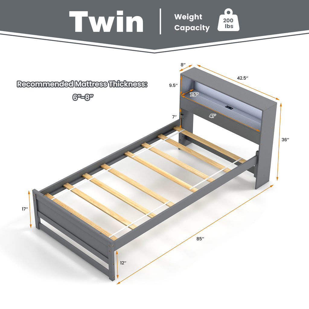 Gray Twin Size Bed Frame with Storage Headboard and Charging Station