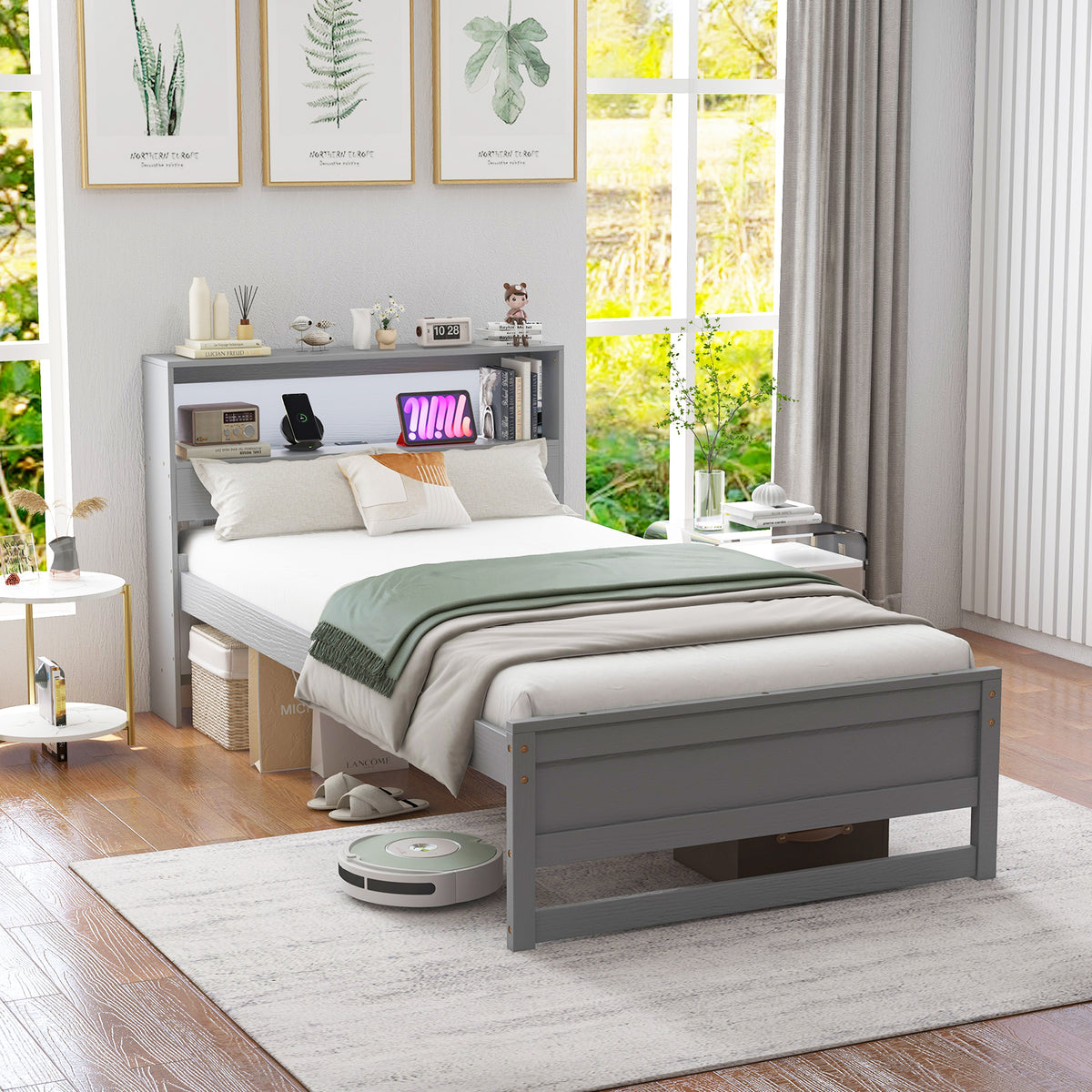 Gray Twin Size Bed Frame with Storage Headboard and Charging Station