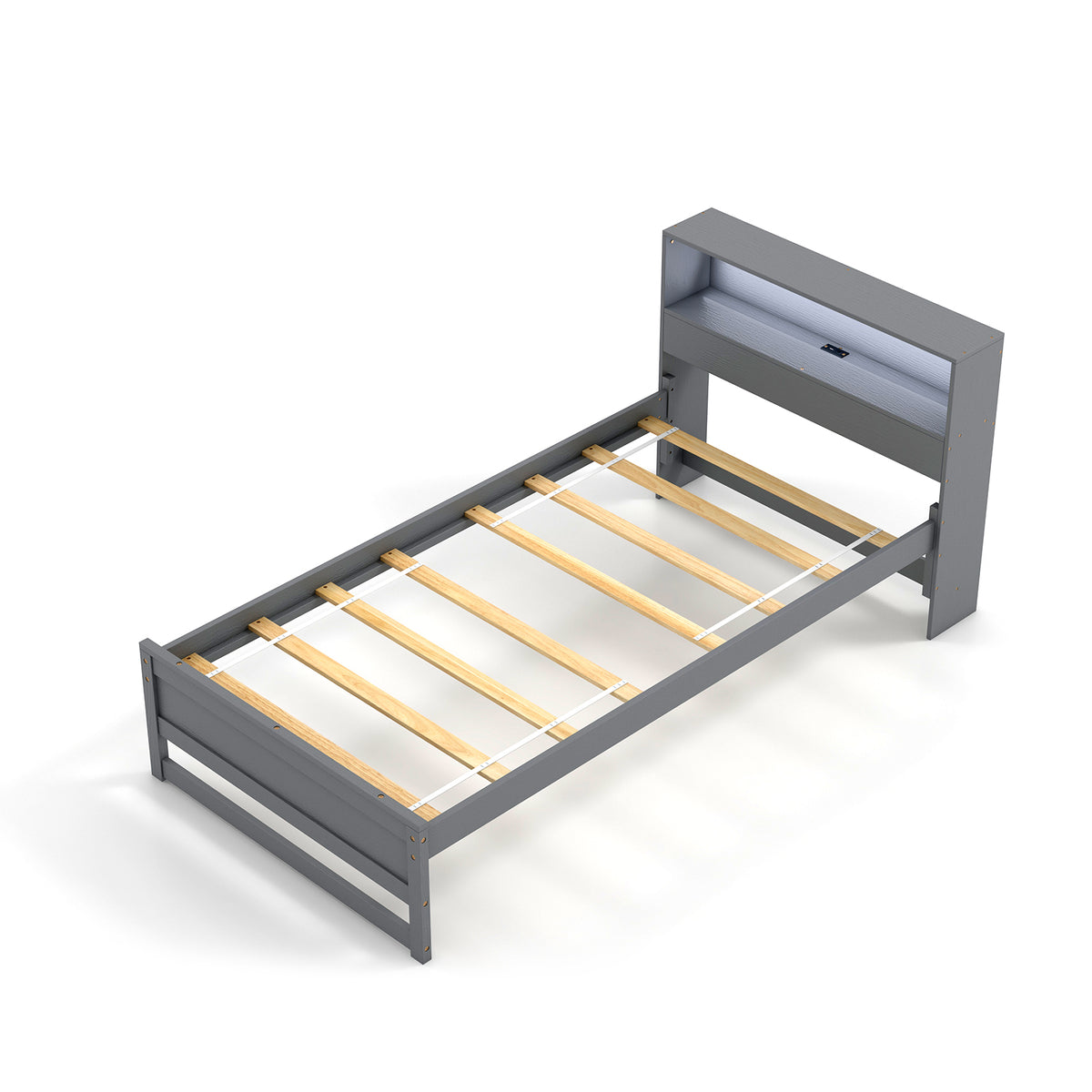 Gray Twin Size Bed Frame with Storage Headboard and Charging Station