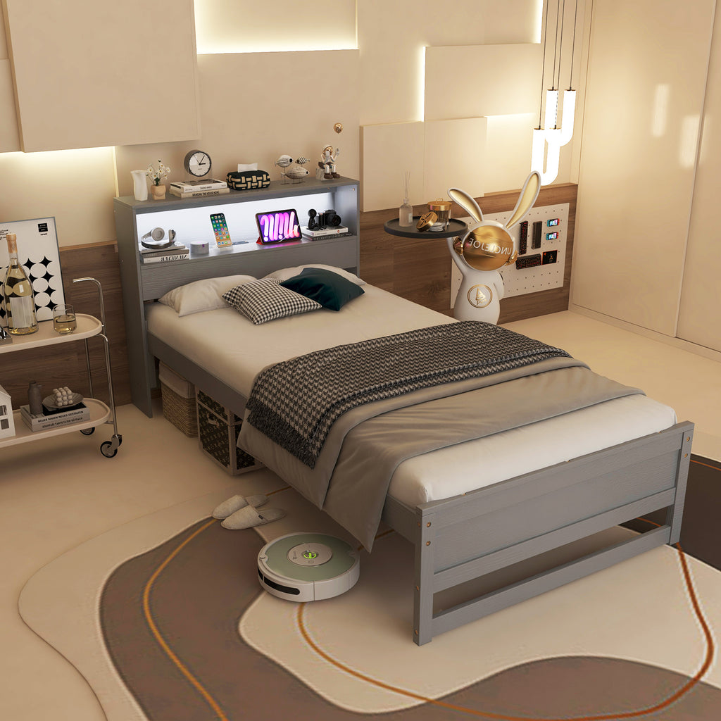 Gray Twin Size Bed Frame with Storage Headboard and Charging Station