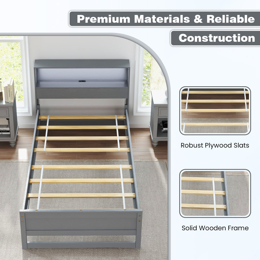 Gray Twin Size Bed Frame with Storage Headboard and Charging Station
