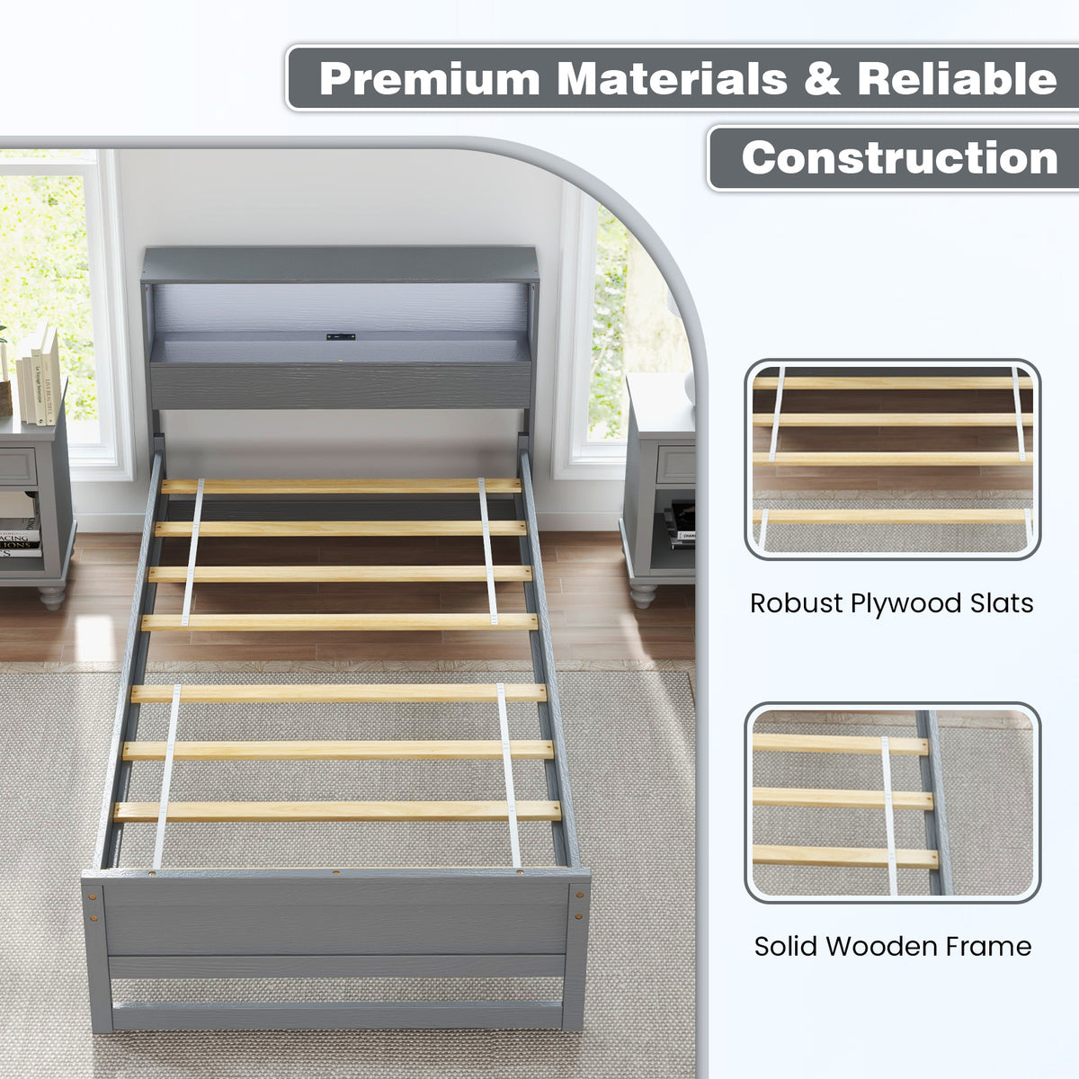 Gray Twin Size Bed Frame with Storage Headboard and Charging Station