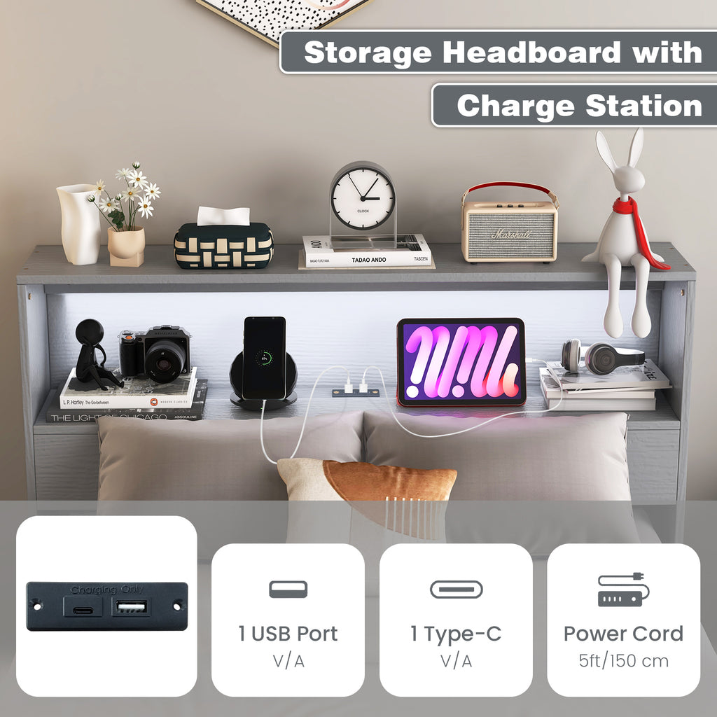 Gray Twin Size Bed Frame with Storage Headboard and Charging Station