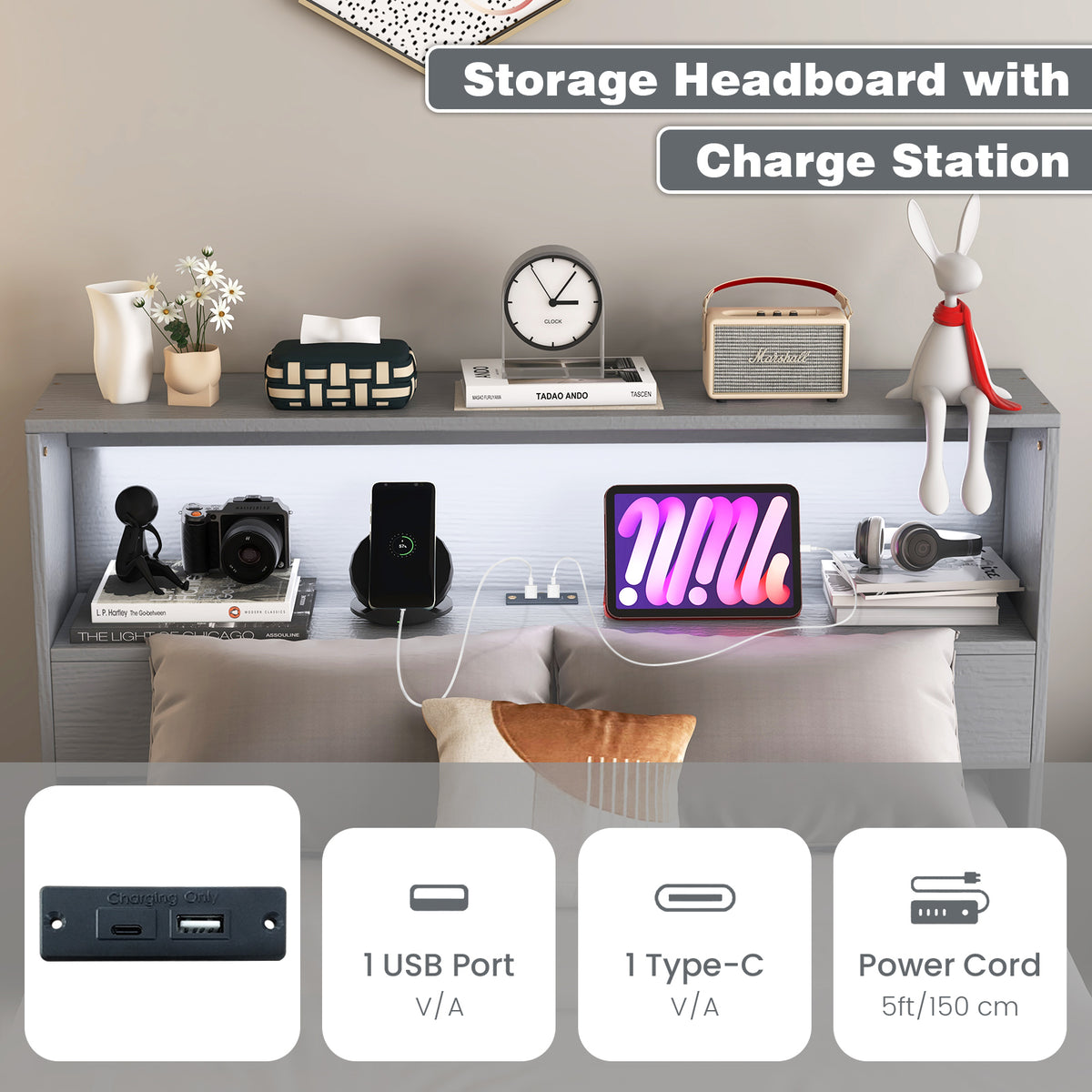 Gray Twin Size Bed Frame with Storage Headboard and Charging Station