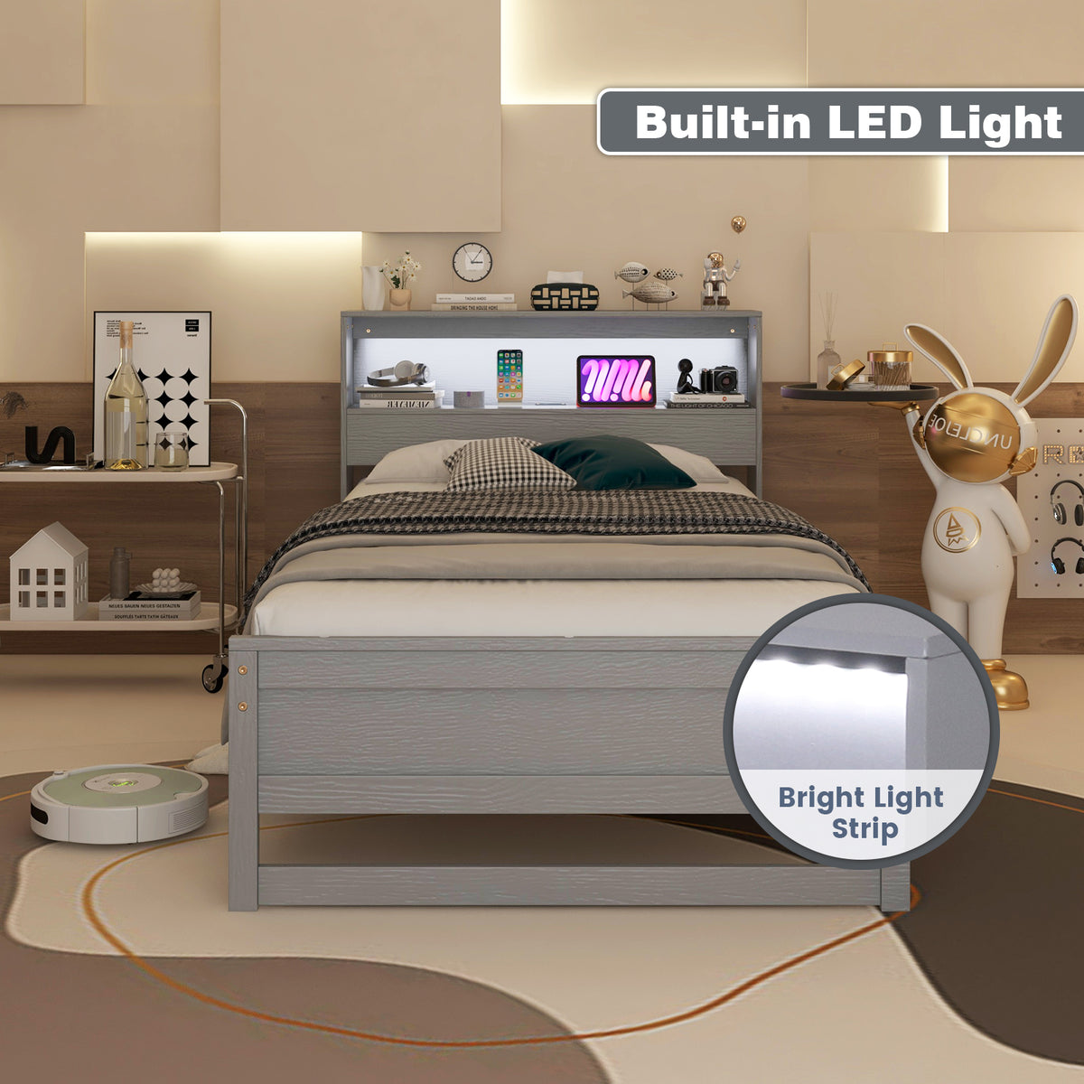 Gray Twin Size Bed Frame with Storage Headboard and Charging Station