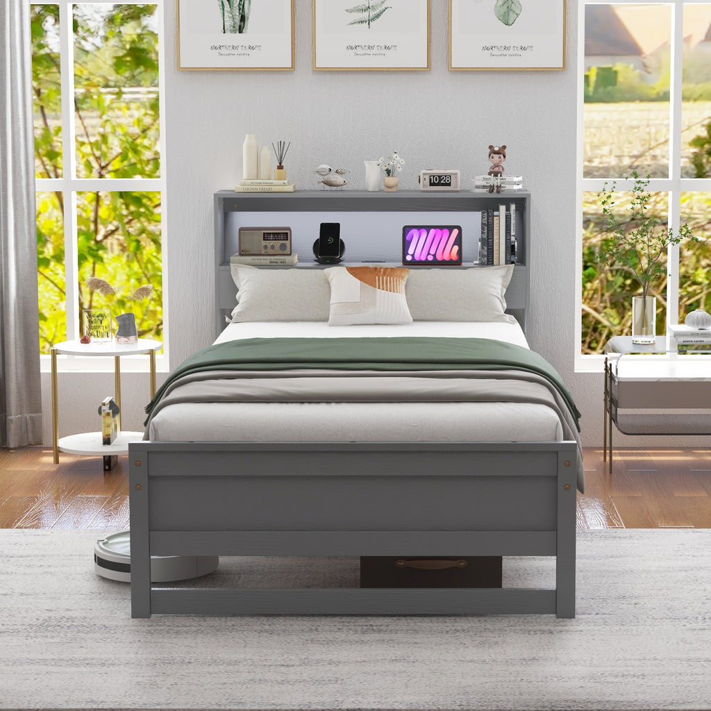 Gray Twin Size Bed Frame with Storage Headboard and Charging Station