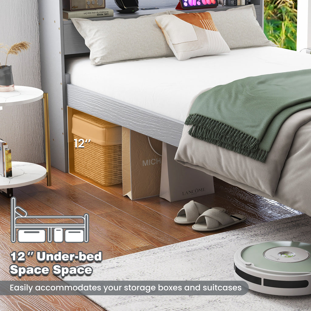 Gray Twin Size Bed Frame with Storage Headboard and Charging Station