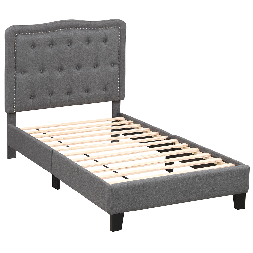Twin Size Bed Frame with Button Tufted Headboard - Gray