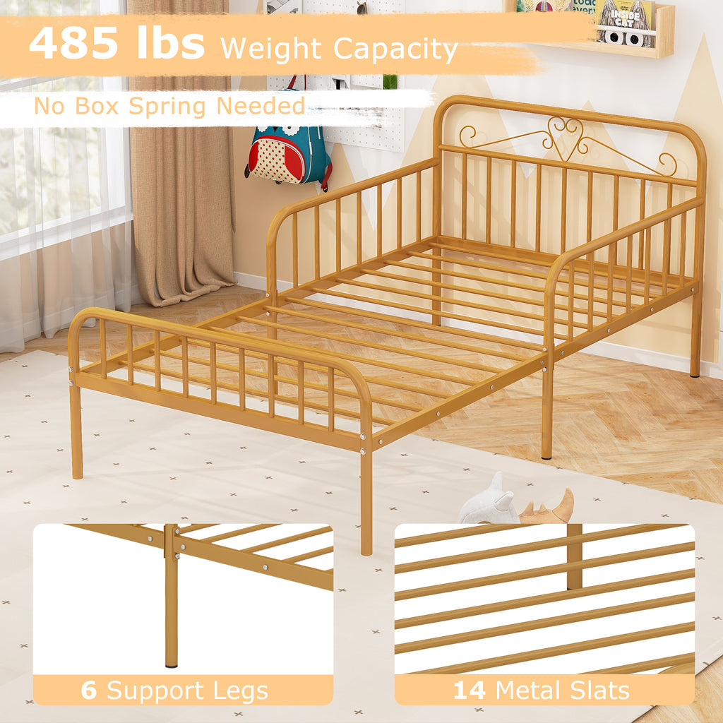 Twin Size Bed Frame with Headboard & Safety Rails - Gold