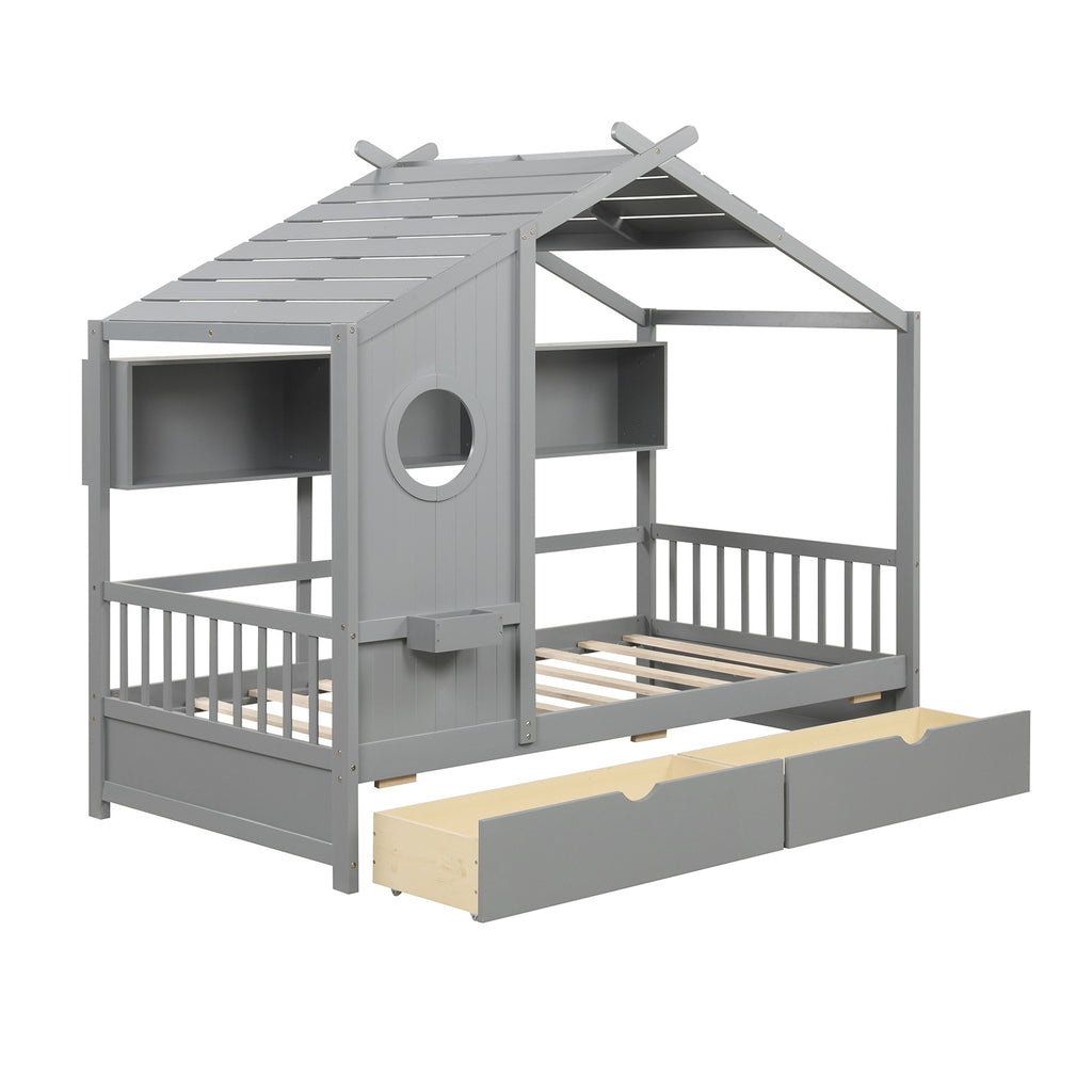 Twin Size House Bed with Storage Drawers & Guardrails - Gray