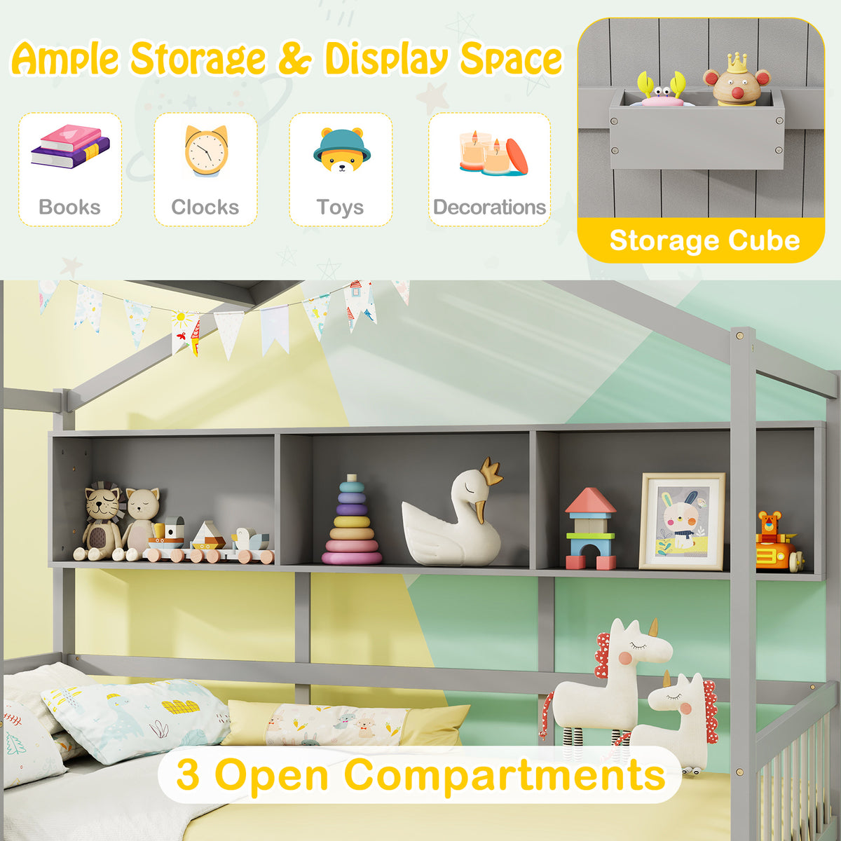Twin Size House Bed with Storage Drawers & Guardrails - Gray