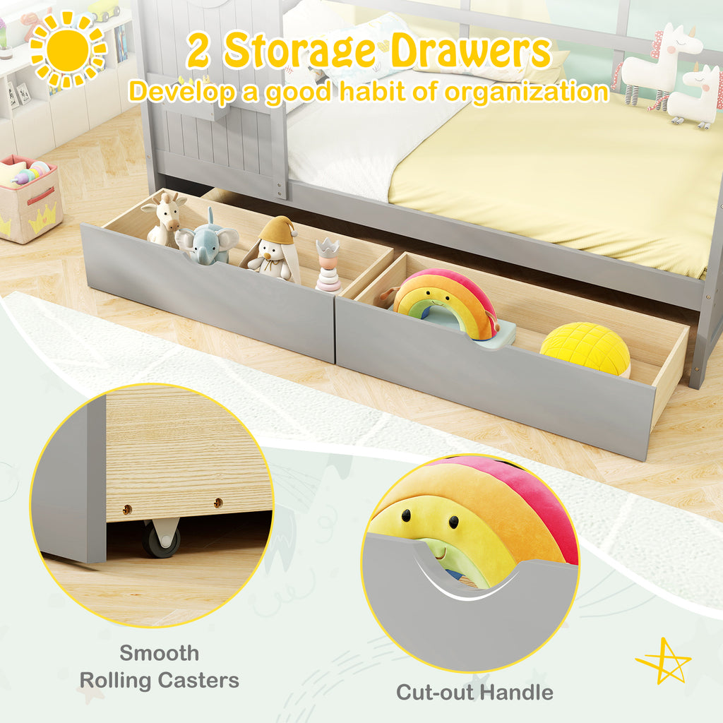 Twin Size House Bed with Storage Drawers & Guardrails - Gray