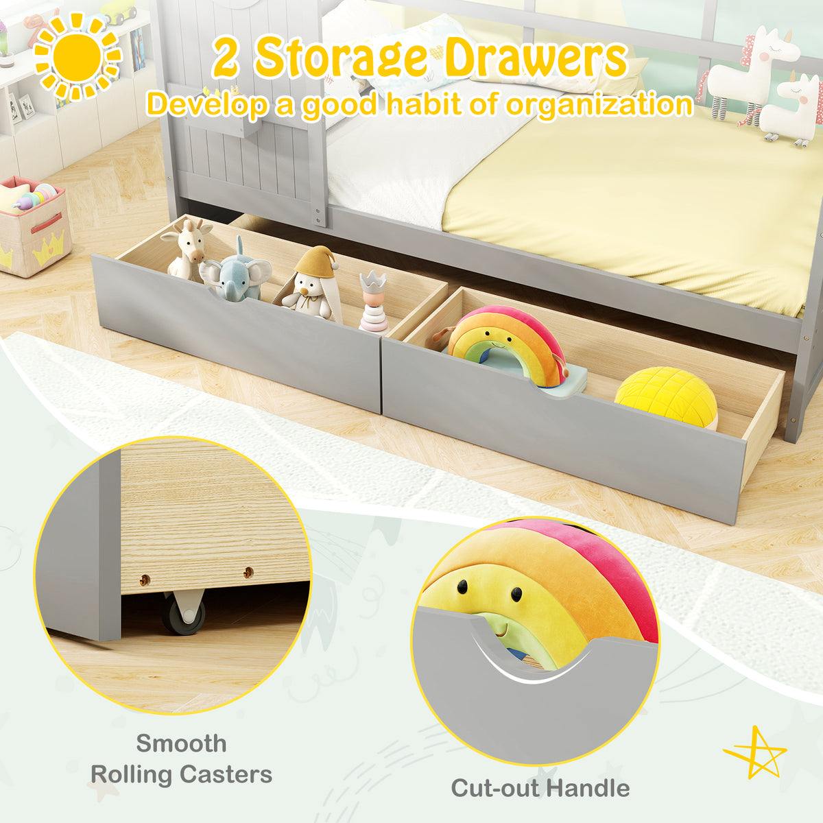 Twin Size House Bed with Storage Drawers & Guardrails - Gray