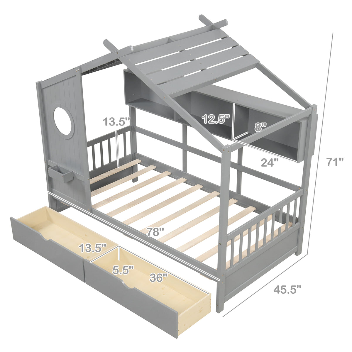 Twin Size House Bed with Storage Drawers & Guardrails - Gray