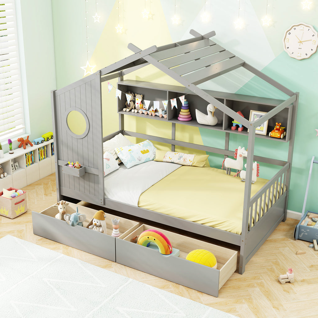 Twin Size House Bed with Storage Drawers & Guardrails - Gray