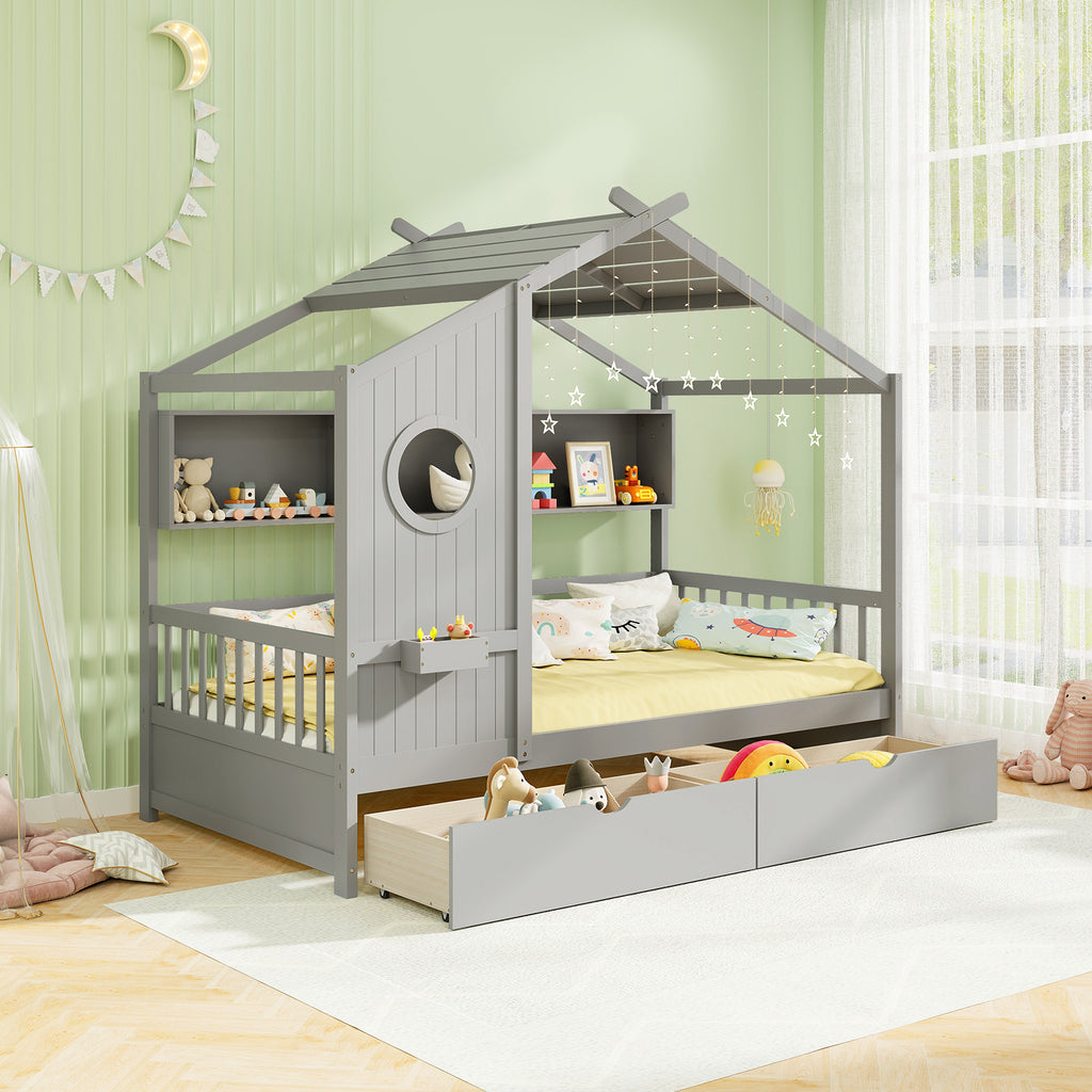 Twin Size House Bed with Storage Drawers & Guardrails - Gray