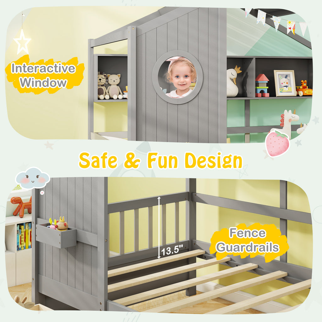 Twin Size House Bed with Storage Drawers & Guardrails - Gray