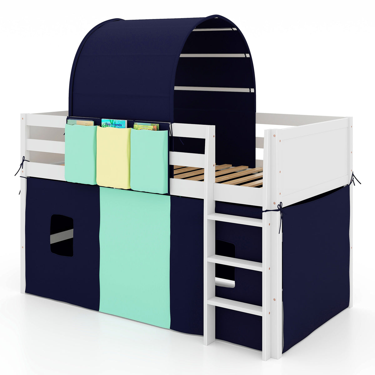 Navy Twin Size Loft Playhouse Bed Frame with Tower Tent & Storage Pockets