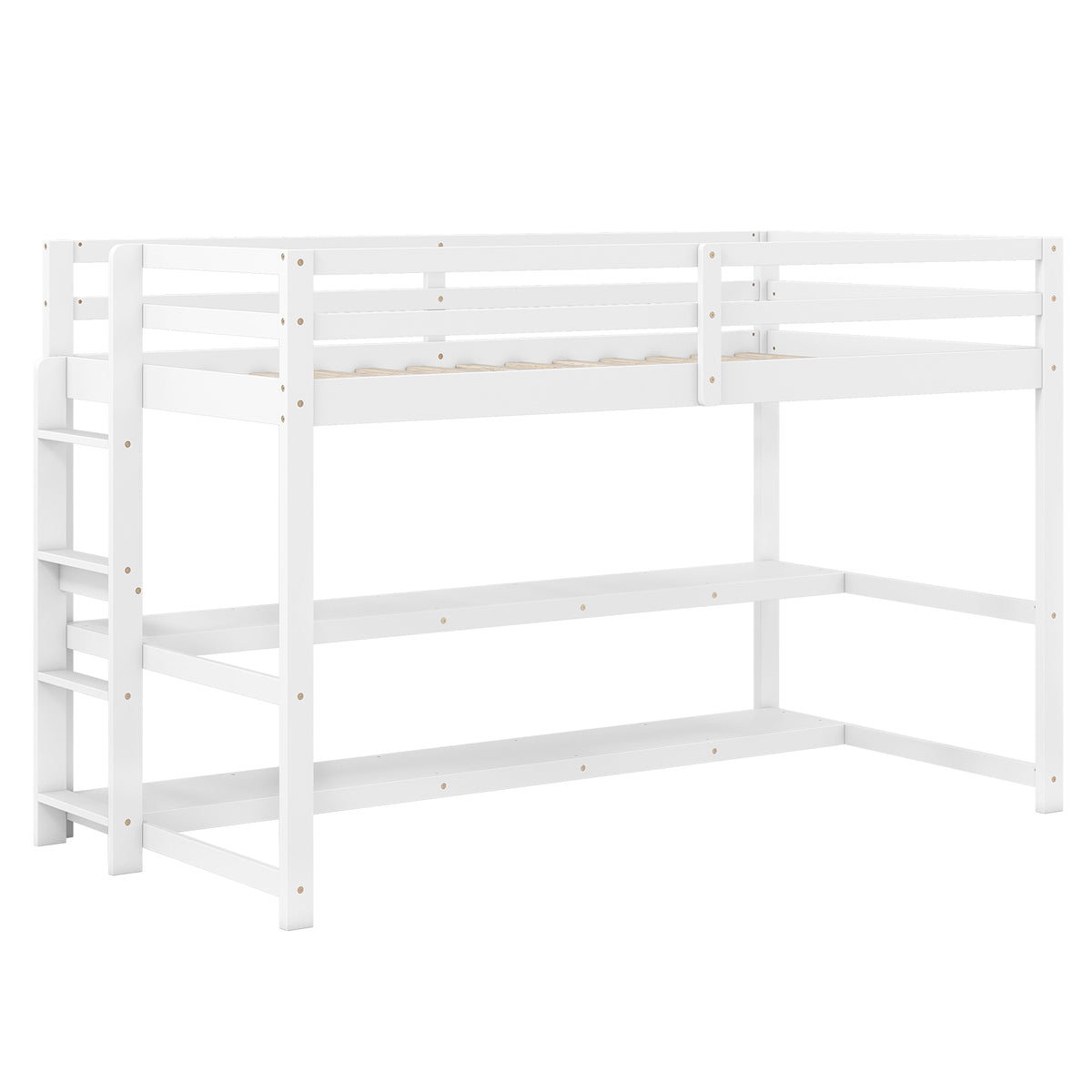 Twin Loft Bed with Storage Shelves and Guardrails - White