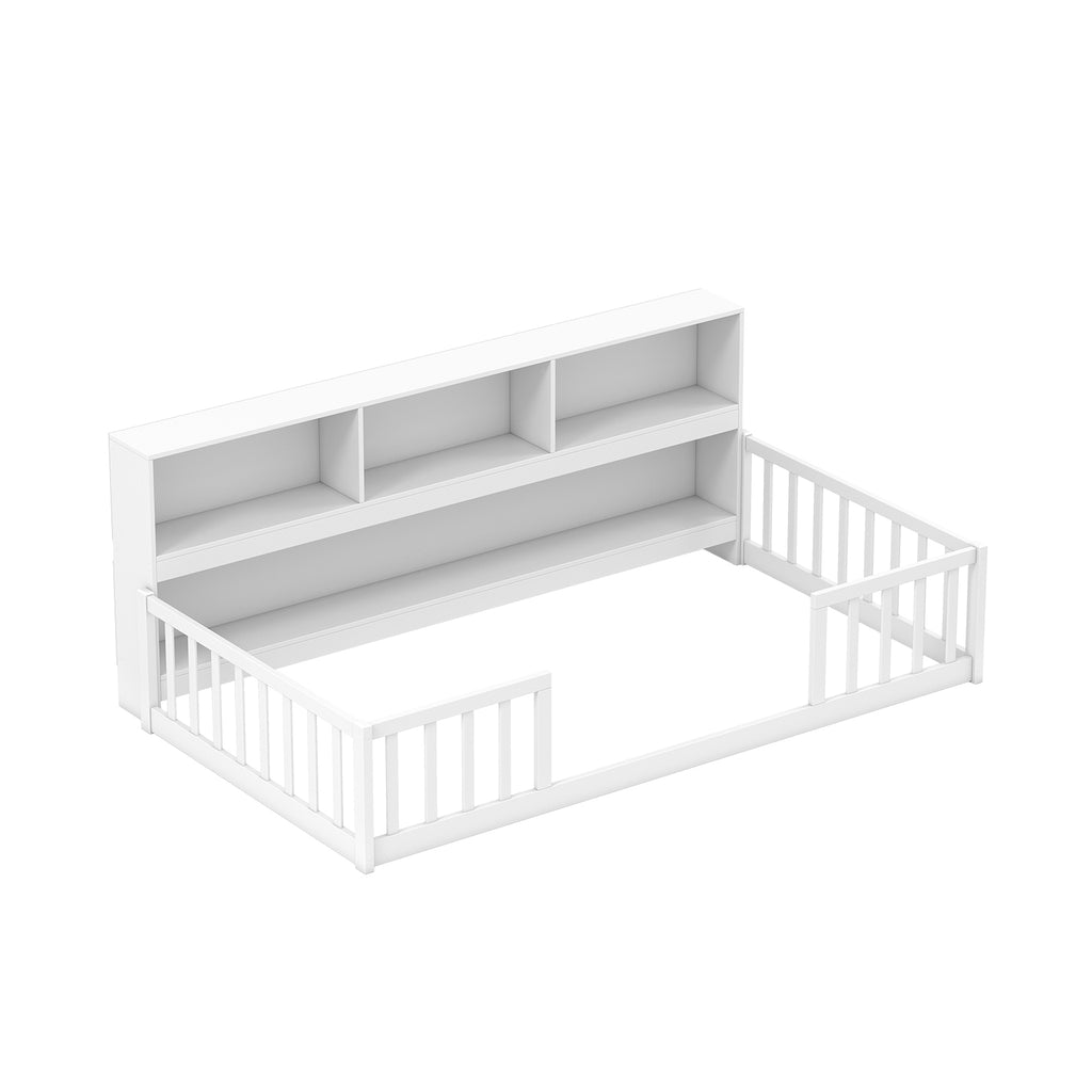 Full Size Montessori Floor Bed with Bookcase - Natural