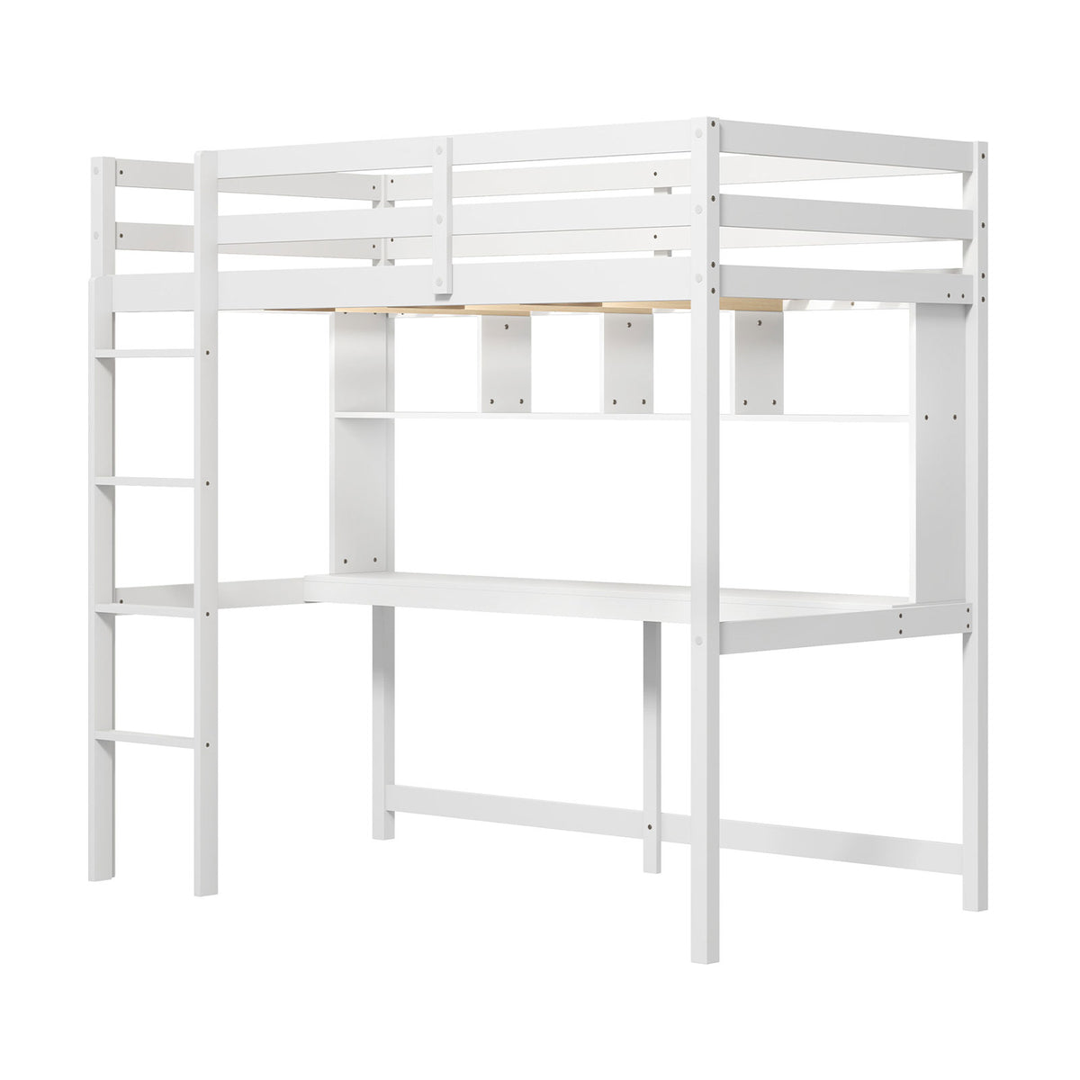 Twin Loft Bed with Desk and Shelves - White