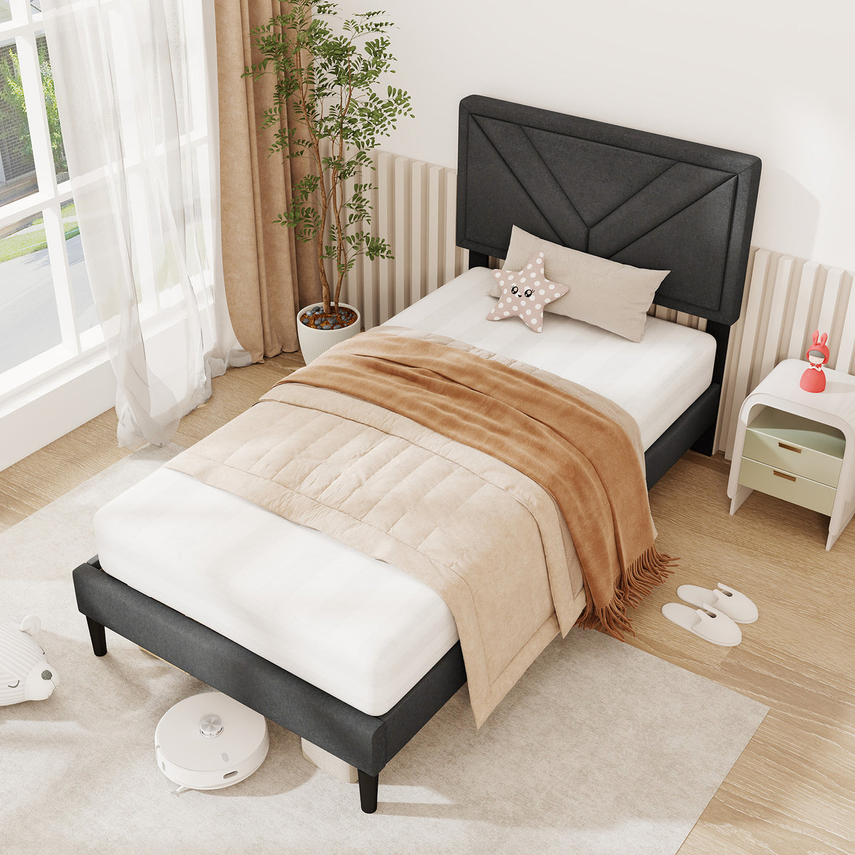 Twin Platform Bed with Tufted Headboard and Wooden Slats