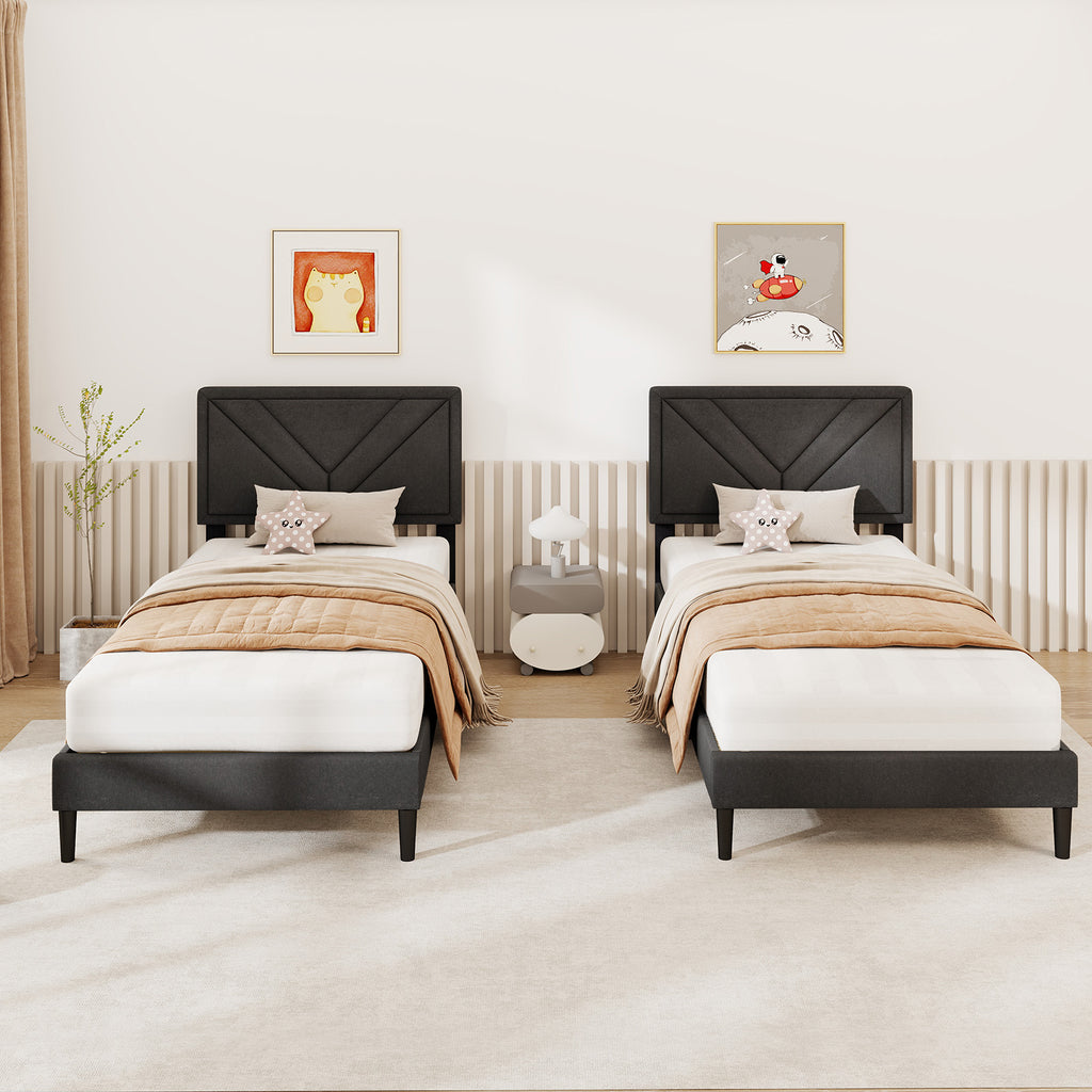 Twin Platform Bed with Tufted Headboard and Wooden Slats