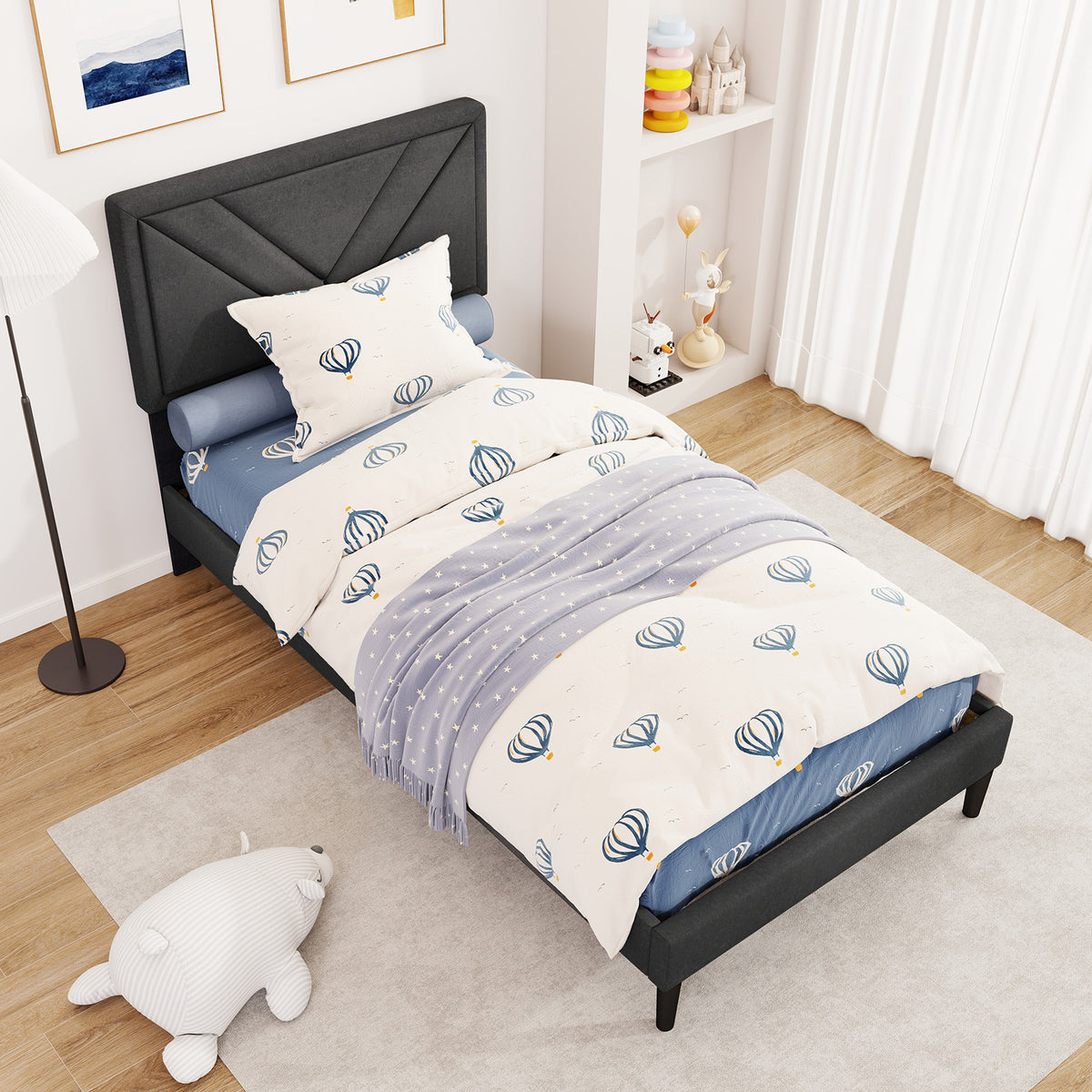 Twin Platform Bed with Tufted Headboard and Wooden Slats