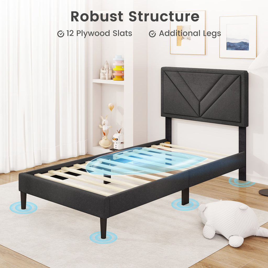 Twin Platform Bed with Tufted Headboard and Wooden Slats