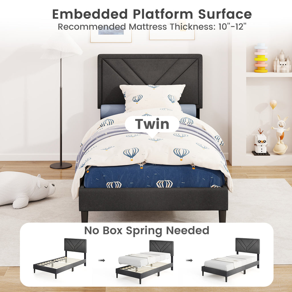 Twin Platform Bed with Tufted Headboard and Wooden Slats