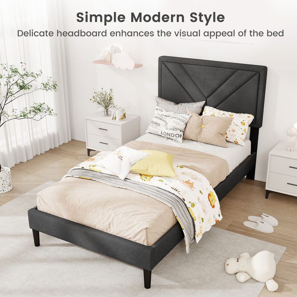 Twin Platform Bed with Tufted Headboard and Wooden Slats