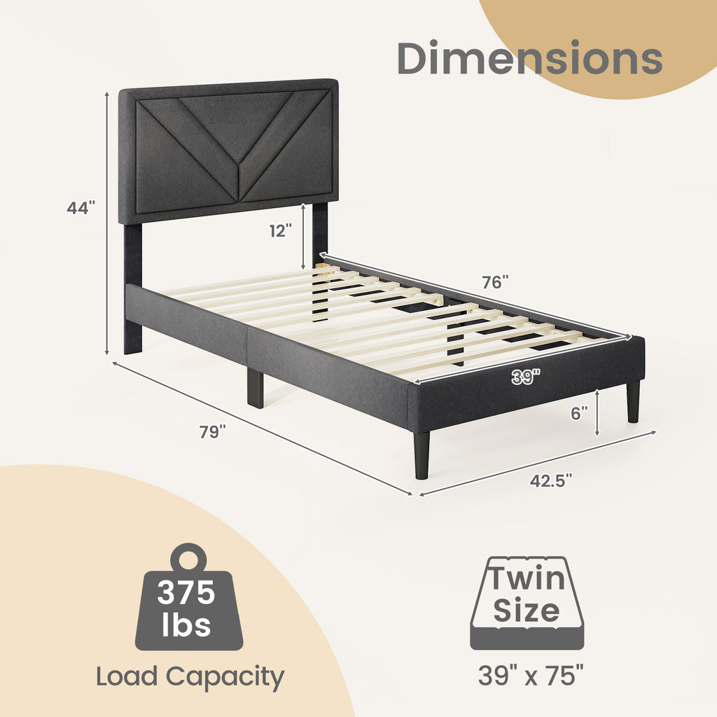 Twin Platform Bed with Tufted Headboard and Wooden Slats
