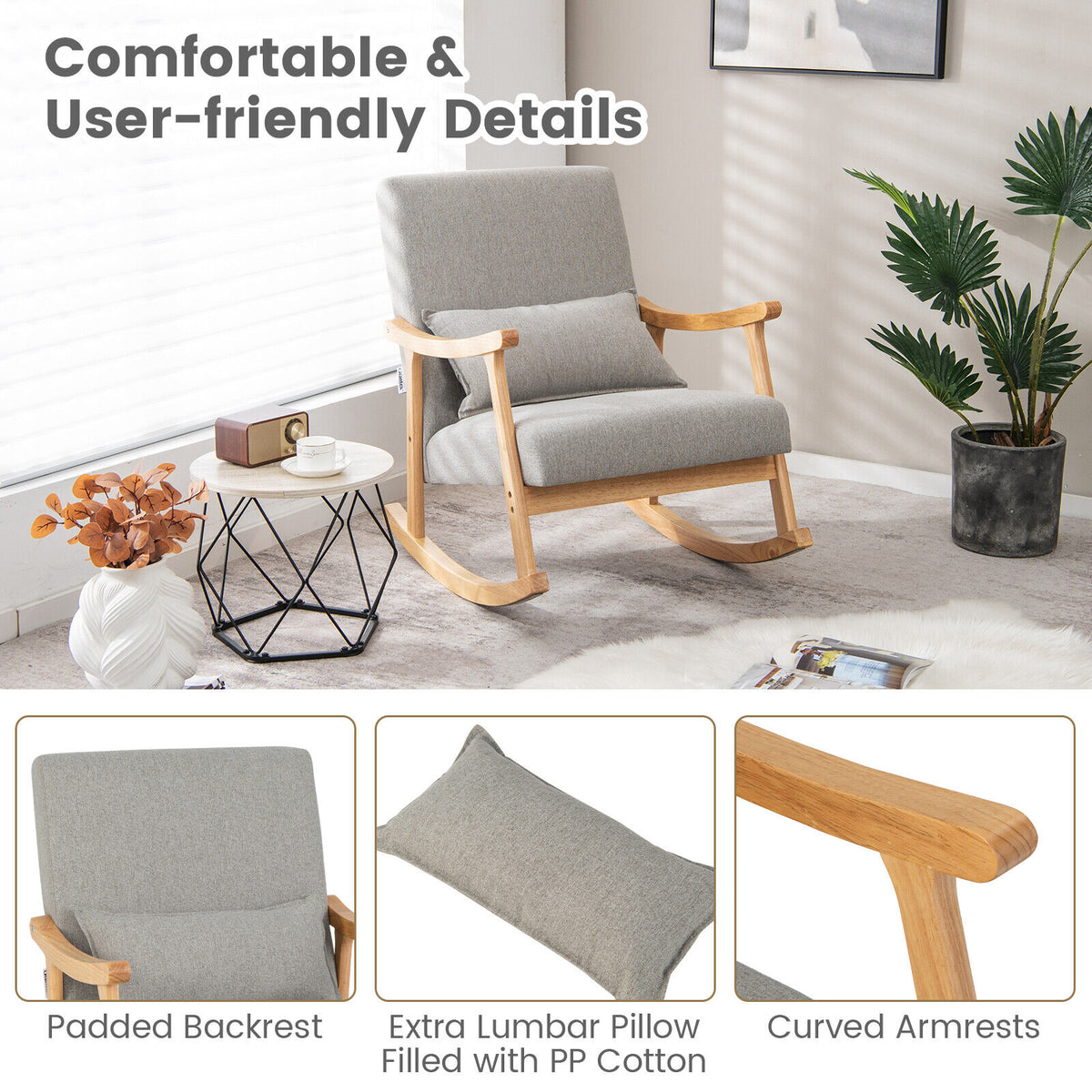 Upholstered Rocking Chair with Pillow - Gray
