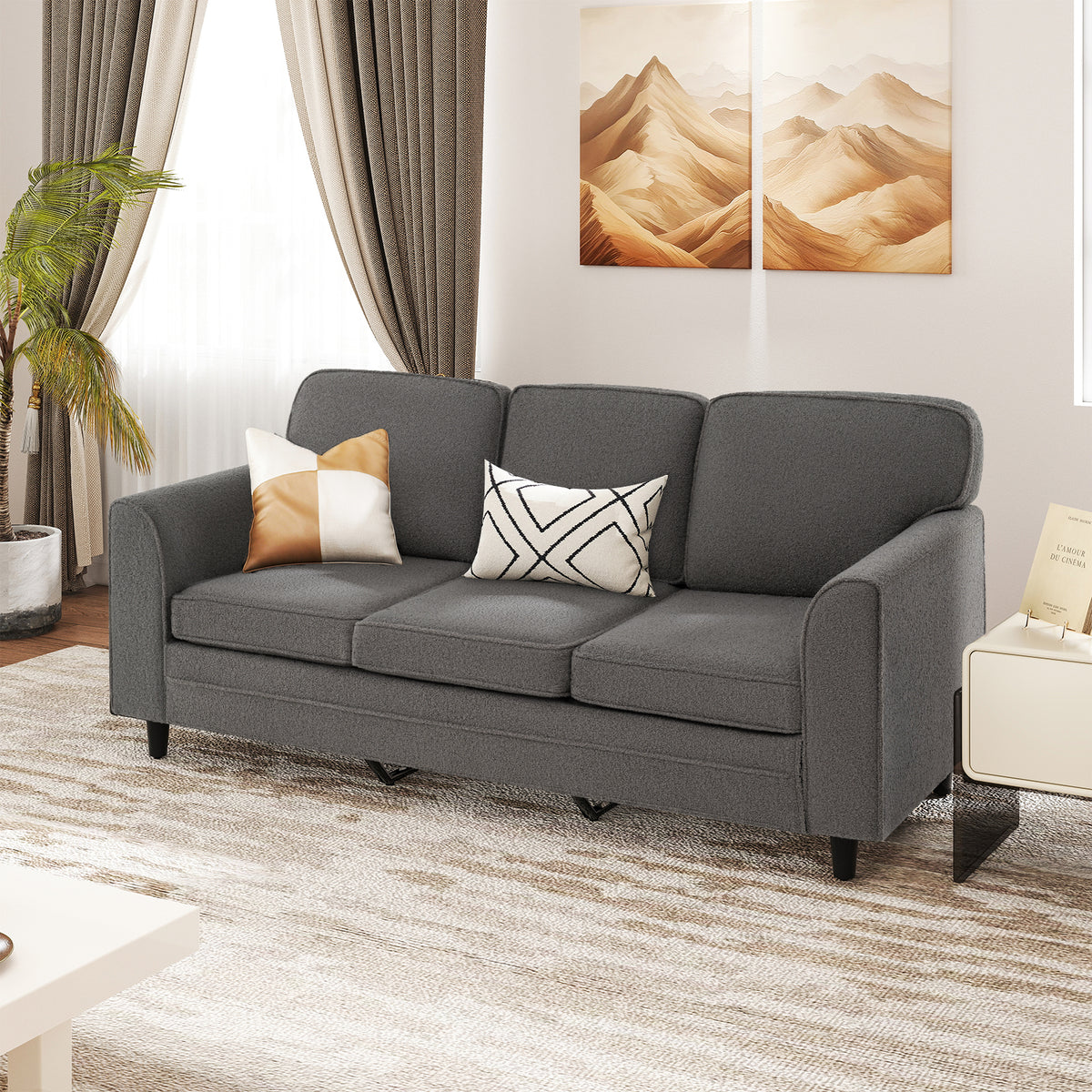 Upholstered Teddy Velvet 3-Seat Sofa, Gray