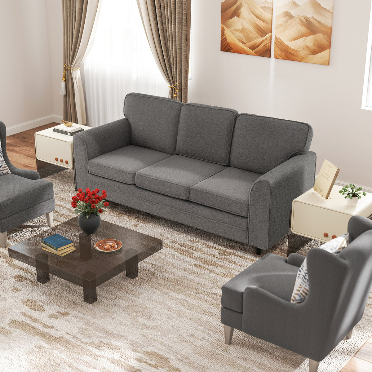 Upholstered Teddy Velvet 3-Seat Sofa, Gray