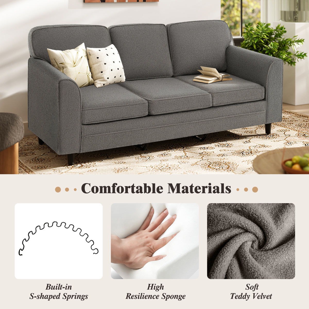 Upholstered Teddy Velvet 3-Seat Sofa, Gray