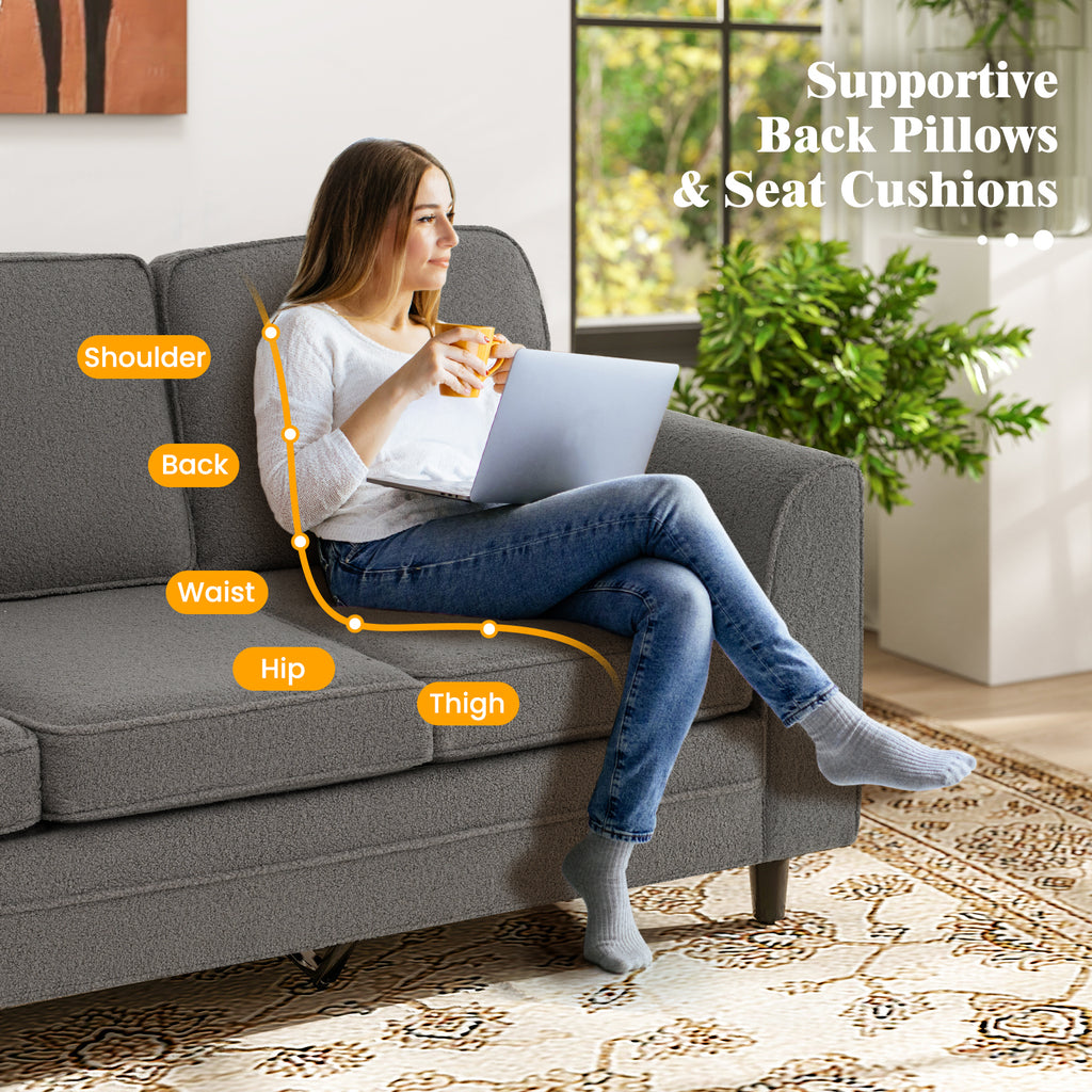 Teddy Velvet 3-Seat Sofa with Back Pillows - Gray