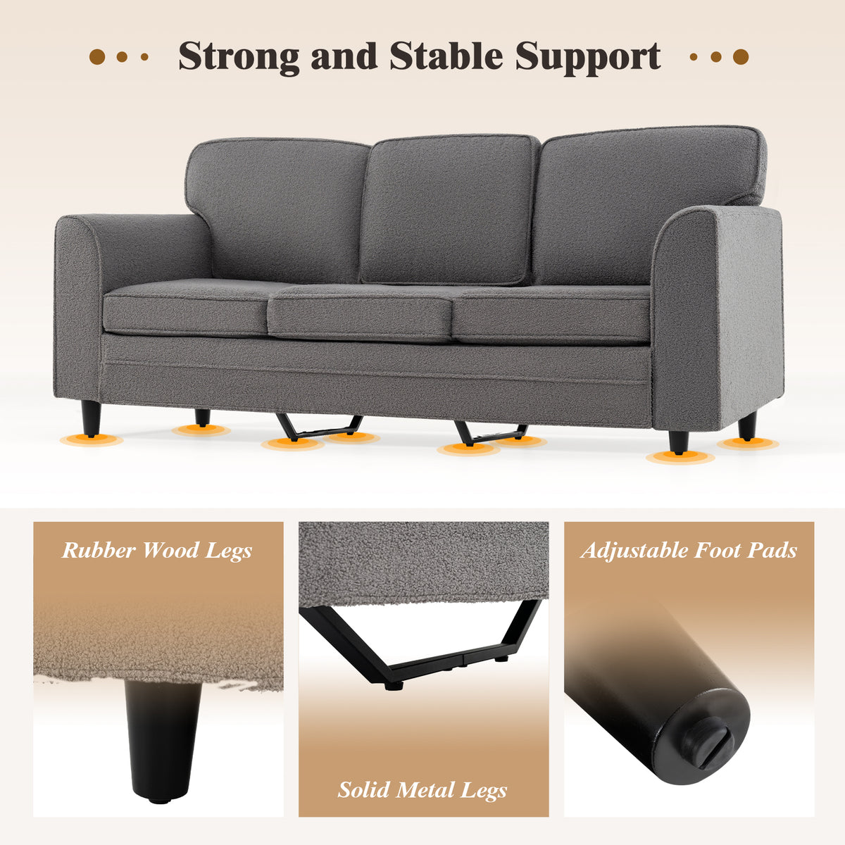 Upholstered Teddy Velvet 3-Seat Sofa, Gray