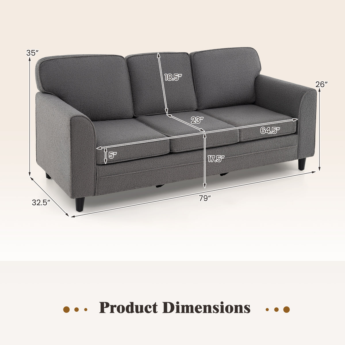 Upholstered Teddy Velvet 3-Seat Sofa, Gray