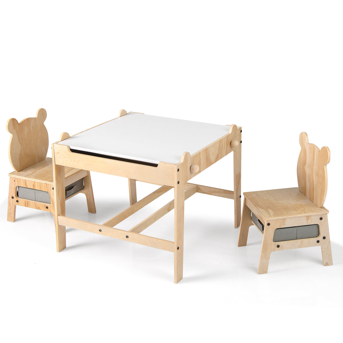 Kids Table and Chairs Set with Reversible Whiteboard - Panda/Robot Shape, B