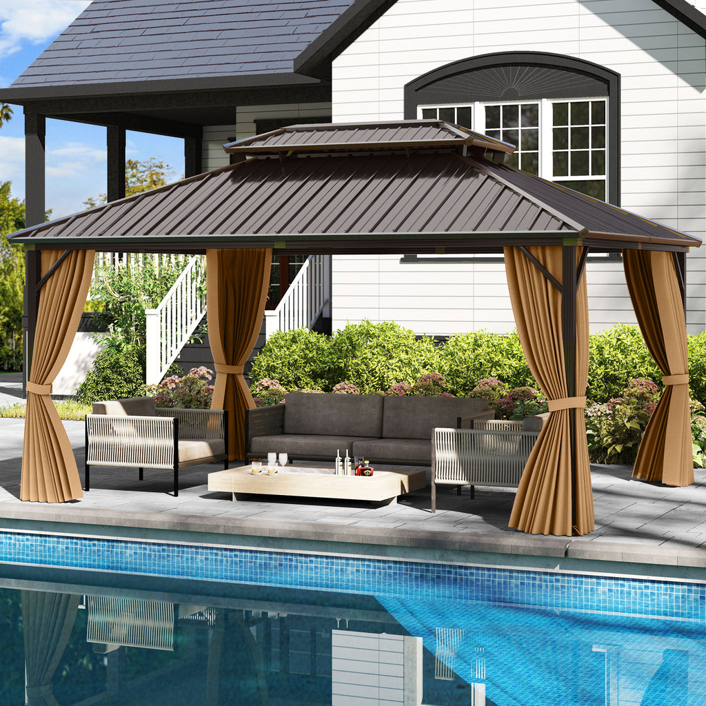 16x12 Hardtop Gazebo with Aluminum Frame, Curtains & Netting - Coffee