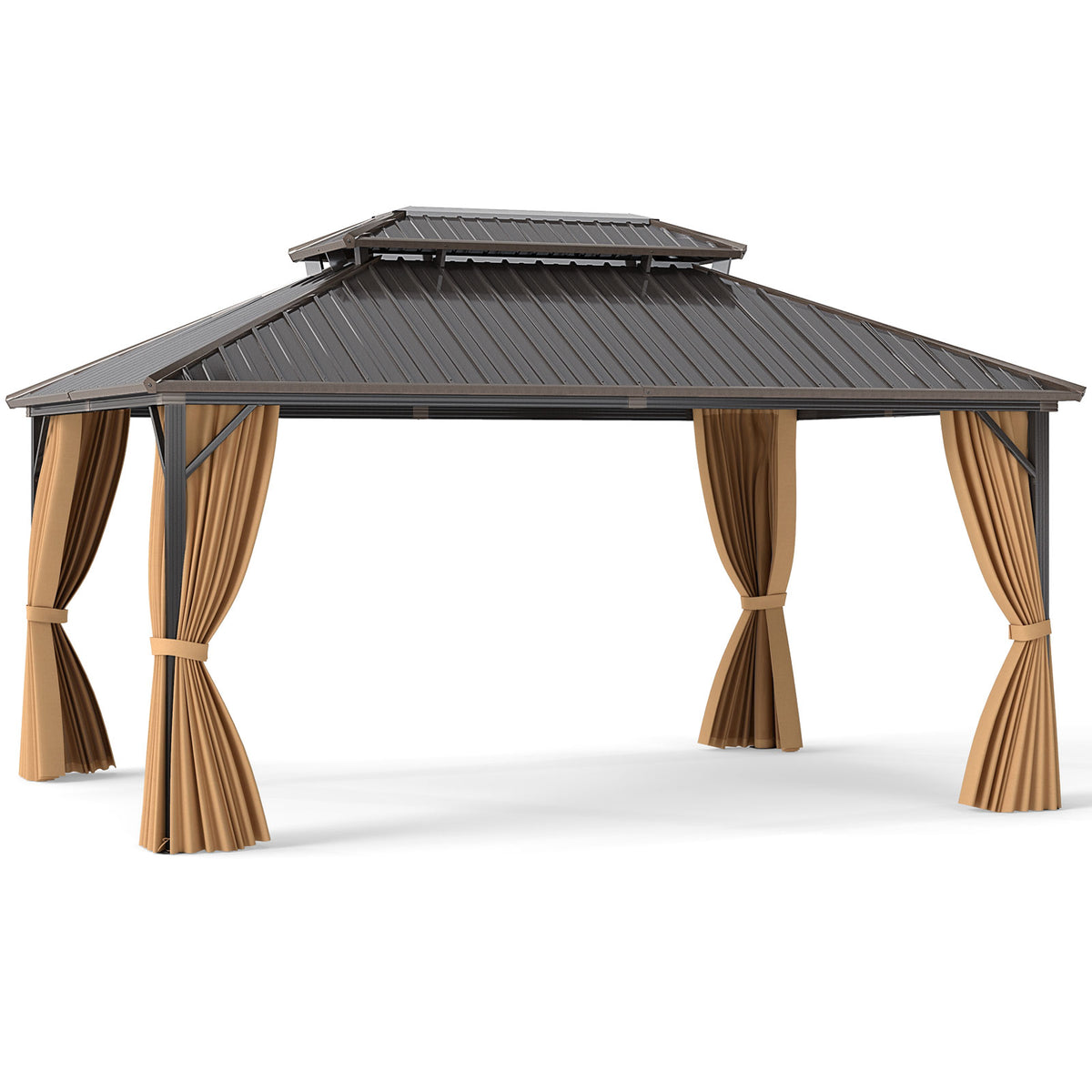 16x12 Hardtop Gazebo with Aluminum Frame, Curtains & Netting - Coffee