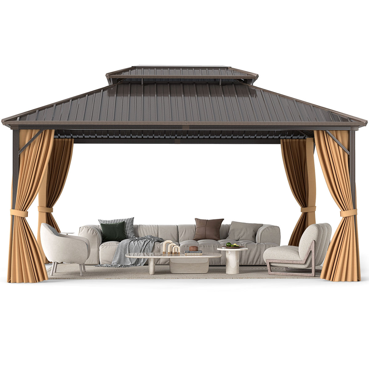 16x12 Hardtop Gazebo with Aluminum Frame, Curtains & Netting - Coffee
