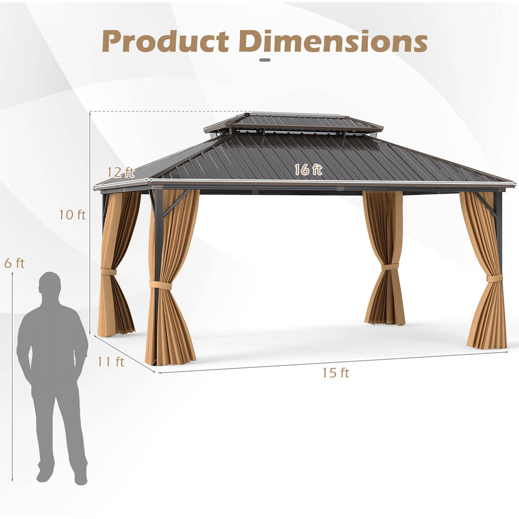 16x12 Hardtop Gazebo with Aluminum Frame, Curtains & Netting - Coffee