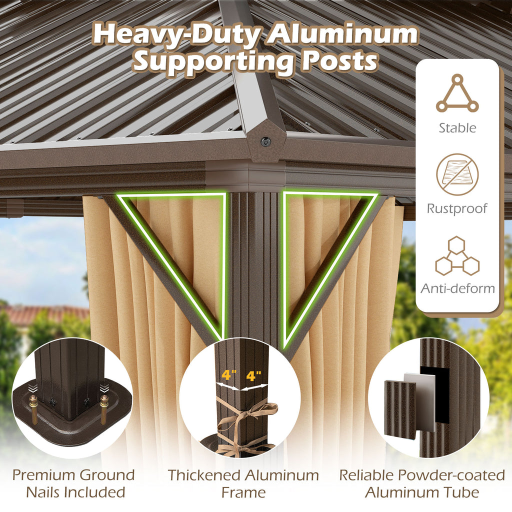 16x12 Hardtop Gazebo with Aluminum Frame, Curtains & Netting - Coffee