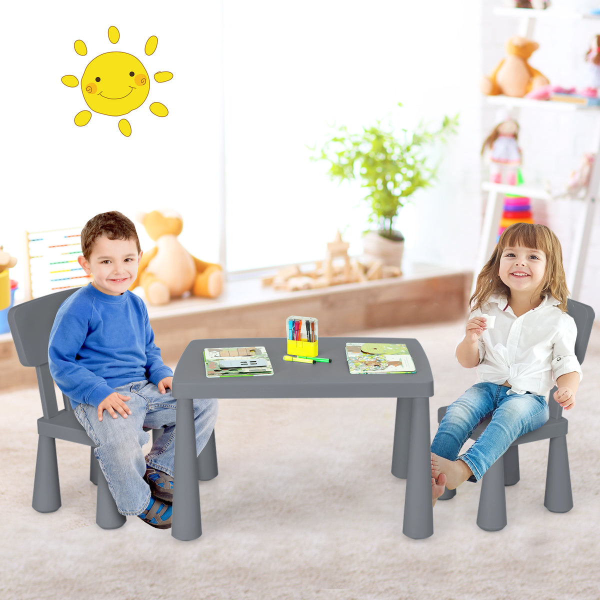 Kids Play Table and Chair Set - Gray, Multipurpose Childrens Furniture, 100 lbs Capacity